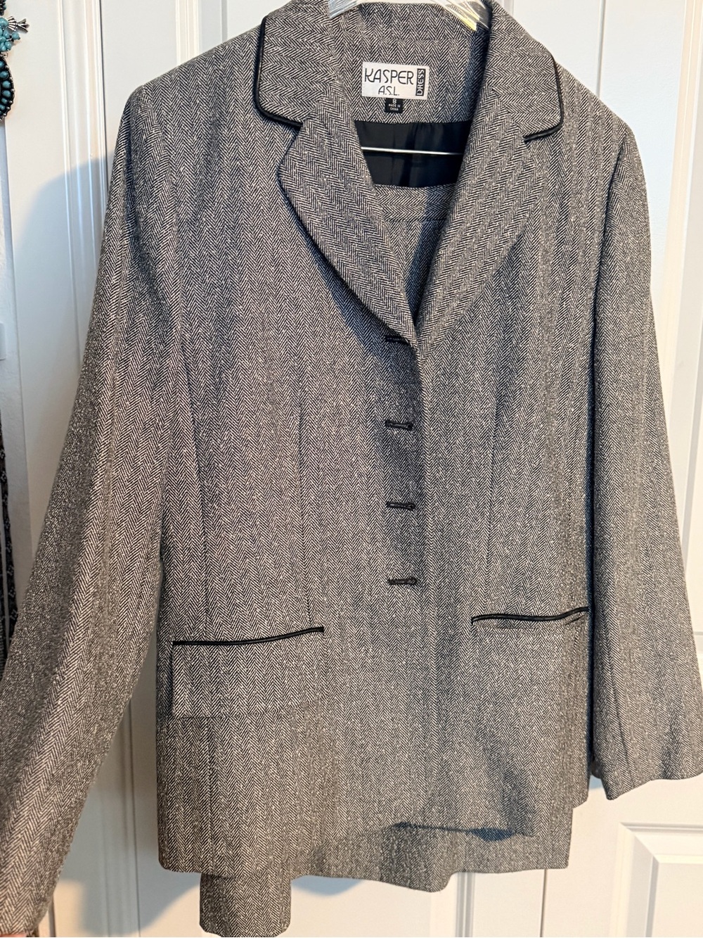 Kasper ASL Gray Herringbone Blazer & Skirt with Contrast Trim